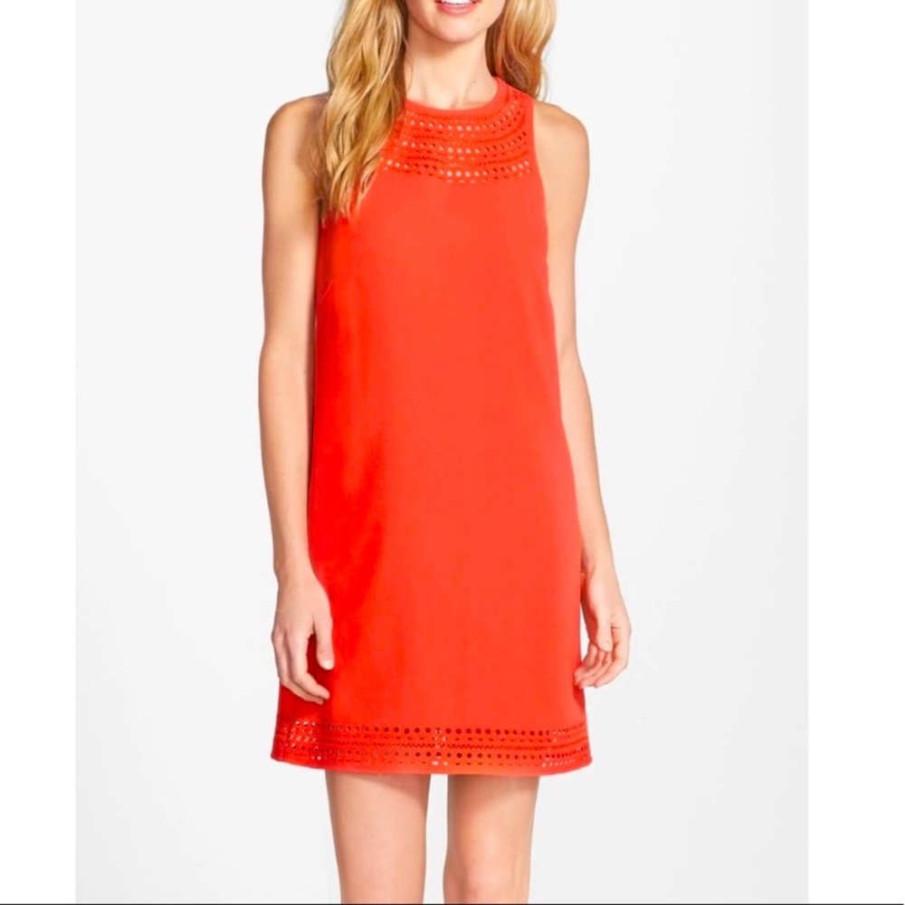 TRINA TURK Lucia Mini Dress Red A Line Laser Cut Eyelet Sleeveless Date Night